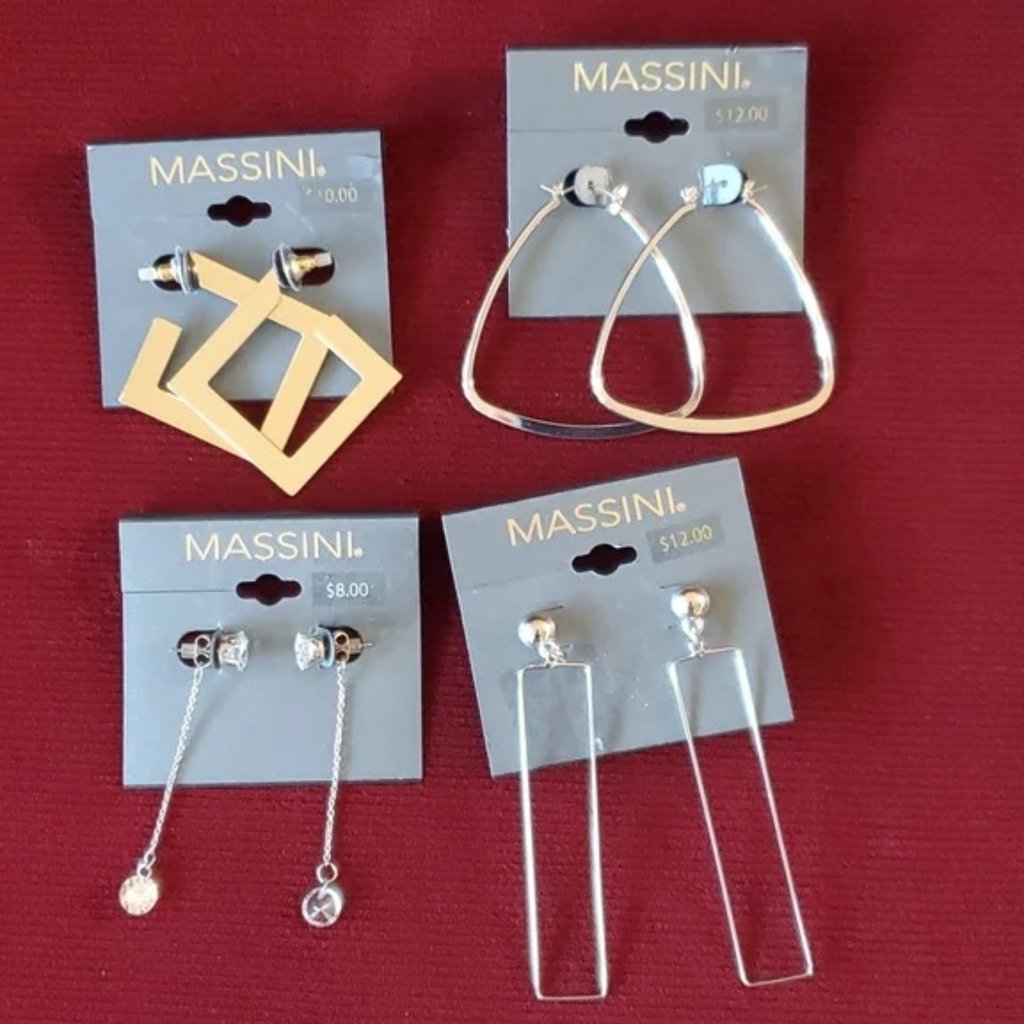 Lot Of 4 Pairs Massini Gold & Silver Earrings Hoops Loops Dangle Rhinestone Nwt
